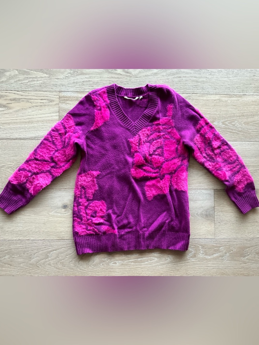 Soft Surroundings Magenta and Fuchsia V-Neck Floral Sweater